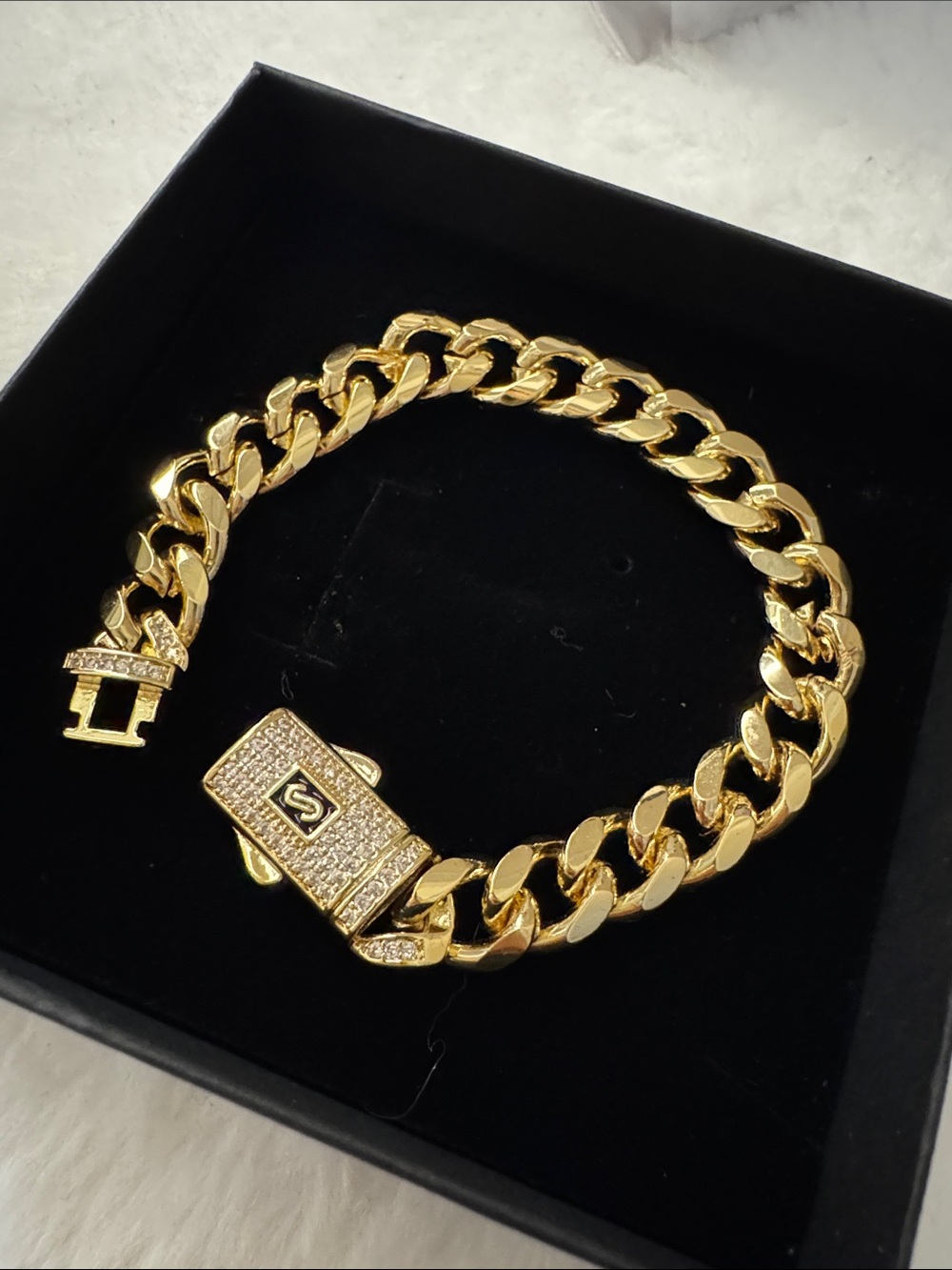 Gold Curb Chain Bracelet with Pavé Lock Accessory